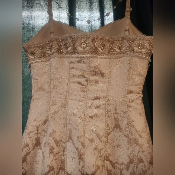 Zara Floor Length Cream/ Gold Dress with Gold Accents and Removable Jewel Accent - Picture 5 of 8